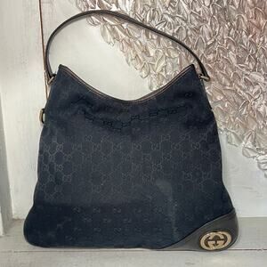 Vintage Gucci Monogram Canvas Britt Large Shoulder Hobo Handbag Black